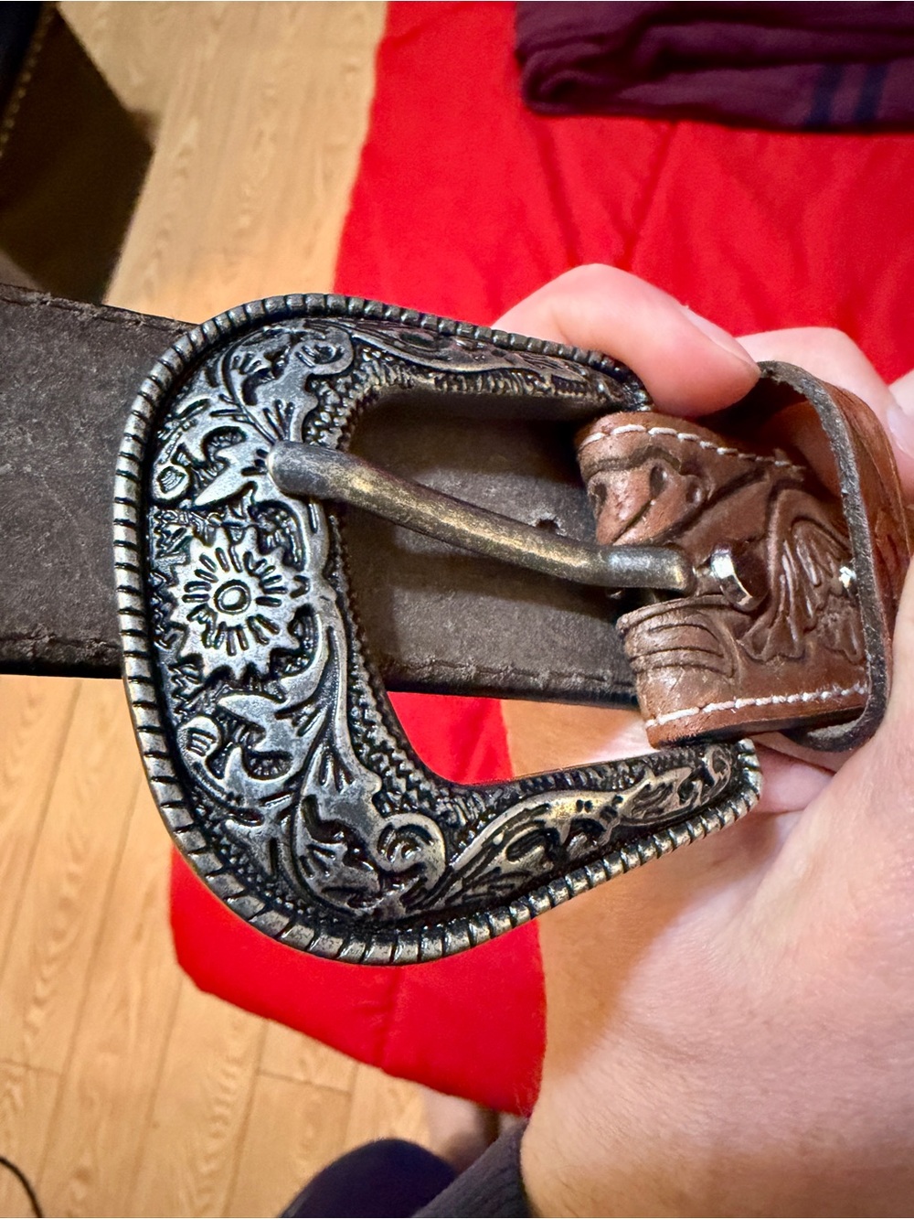 Western Tooled Brown Leather Belt with Ornate Silver Buckle